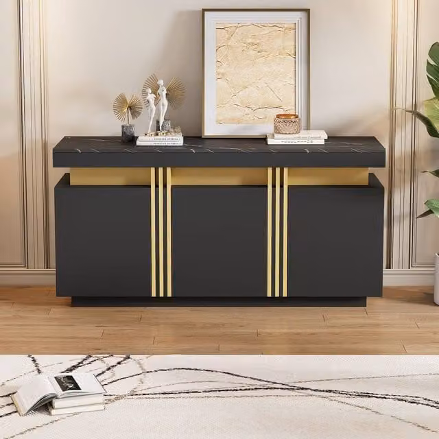 Rolipo Black Sideboard Buffet Cabinet with Faux Marble Top and 3 Doors, W: 140 cm
