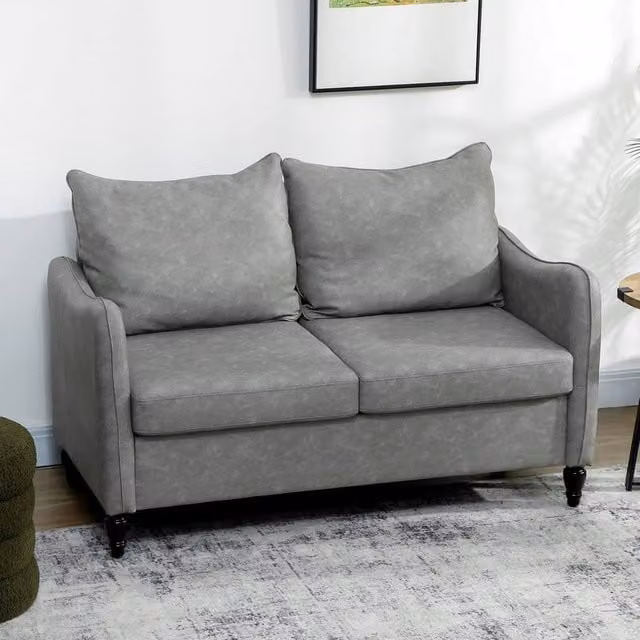 PAWNORA Modern Small Upholstered Sofa in Grey with Synthetic Leather and Wood Legs