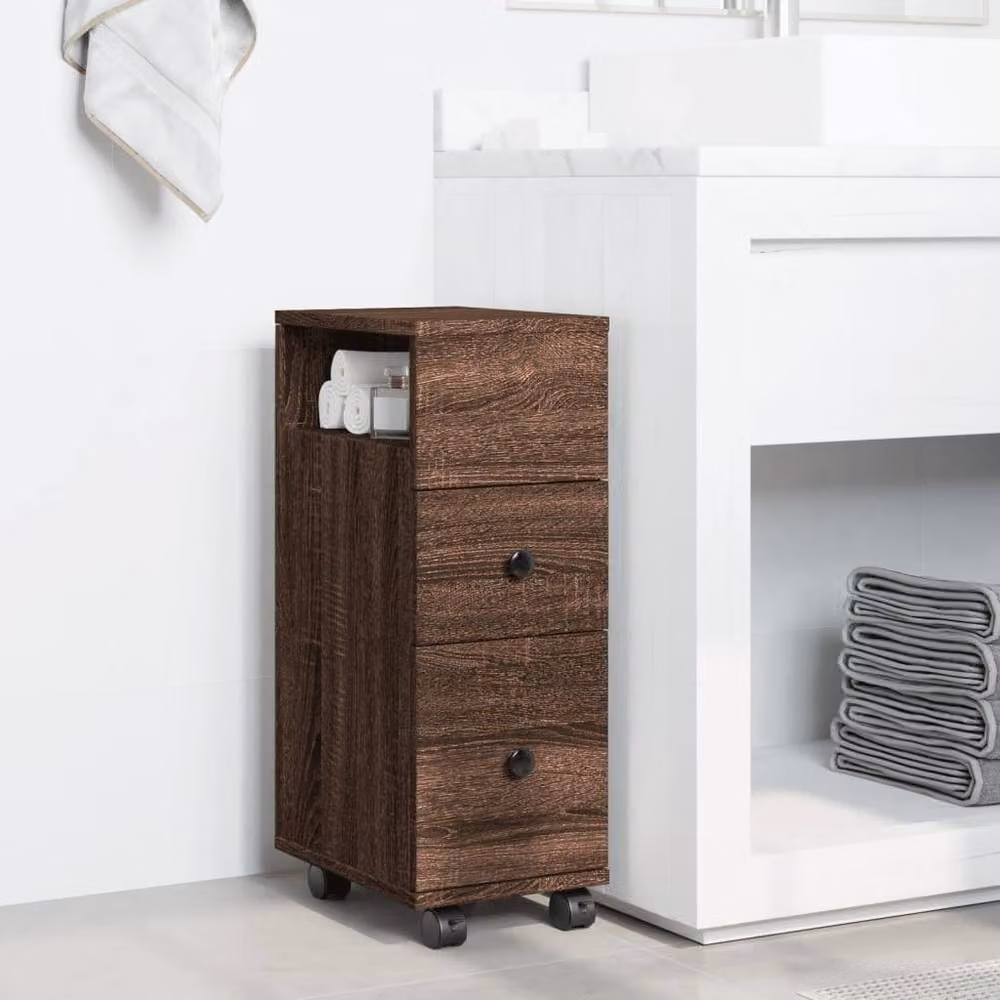 Berkfield Home Narrow Freestanding Bathroom Cabinet with Wheels in Brown Oak – 3