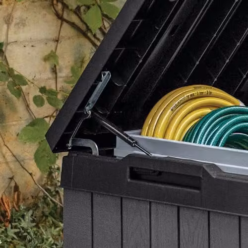 Keter Darwin 454L Outdoor Storage Box and Bench in Grey, Weatherproof Wood-Effect Composite Garden Deck Box with Hydraulic Lid – 4
