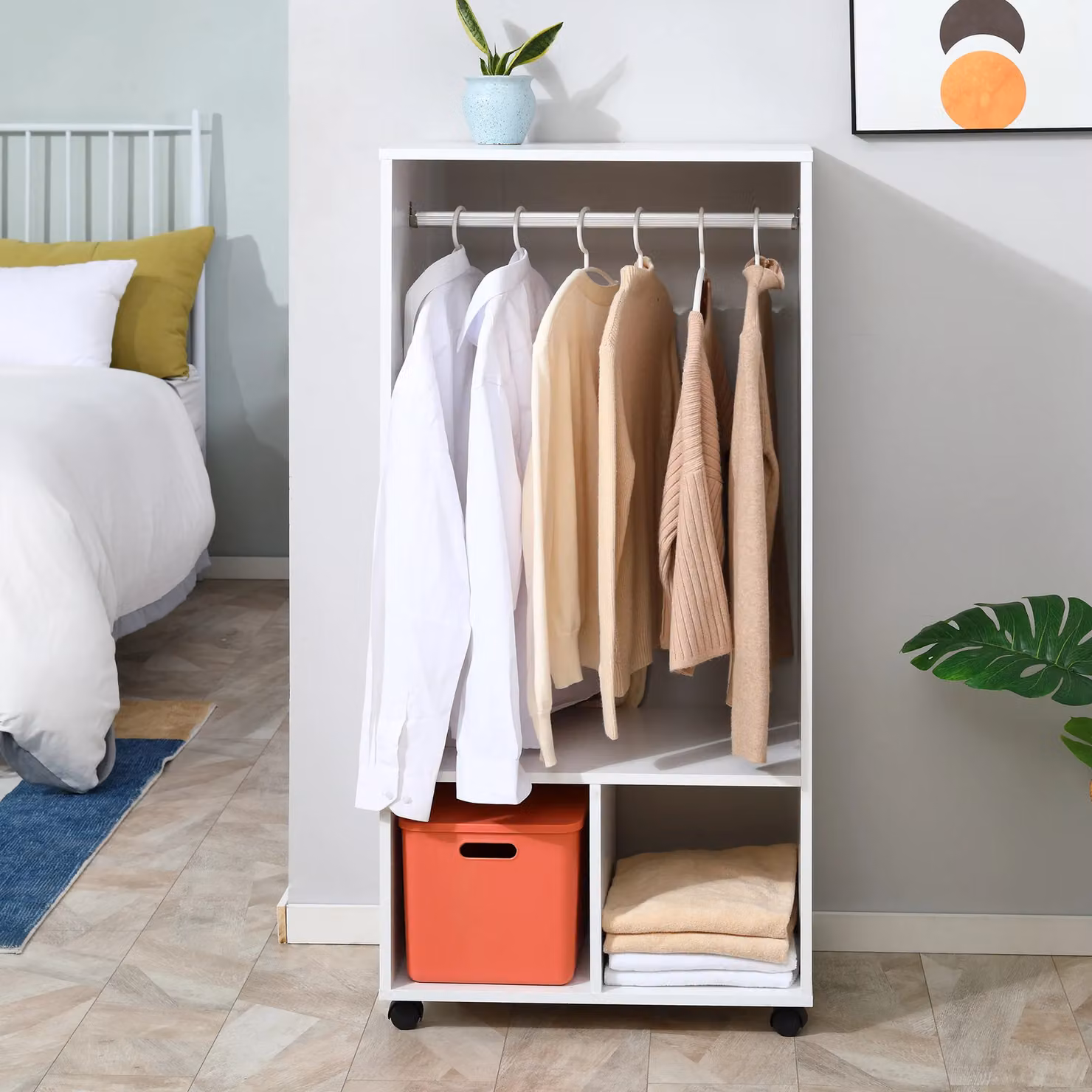 HOMCOM Modern Open Wardrobe Clothes Rail with Hanging Rod and Storage Closet Organiser in White – 3