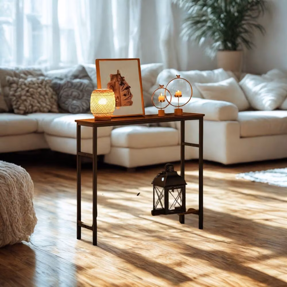 FURNOS 2 Tier Slim Hallway Console Table with Adjustable Shelves, Brown, W/D/H: 80 x 24 x 80 cm – 3