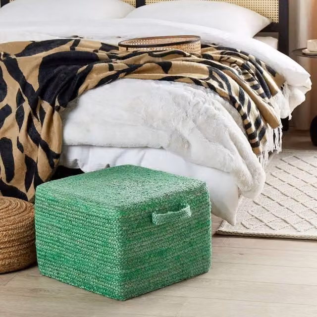 Wyld and Coco Green Jute Rectangular Pouffe, W/D/H: 45 x 45 x 30 cm
