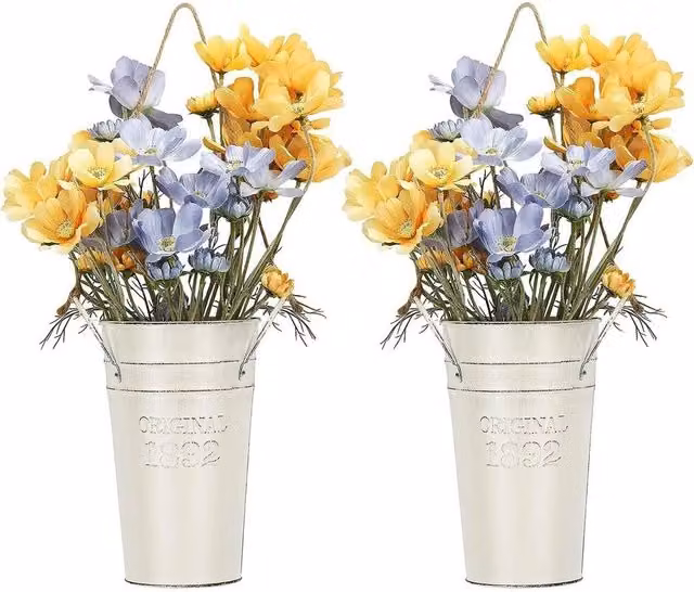 VOGREX Set of 2 White Galvanised Metal Rustic Hanging Wall Planters