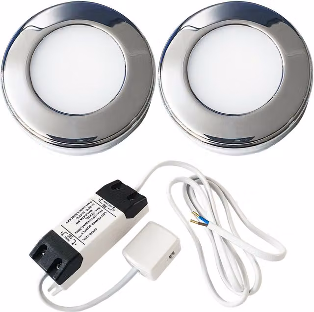 Loops 2x Chrome Round LED Under Cabinet Kitchen Light and Driver Kit with Natural White Light – 1