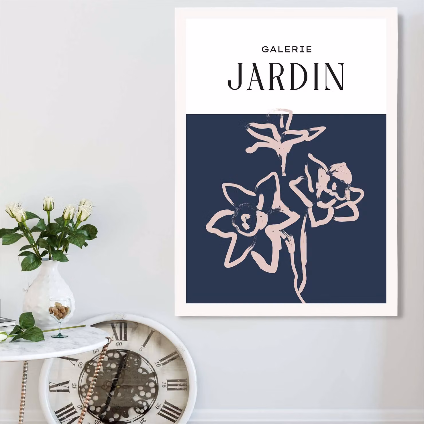 ARTZE Navy Blue and Blush Pink Boho Sketch Floral Framed Print, A3, White Frame – 2