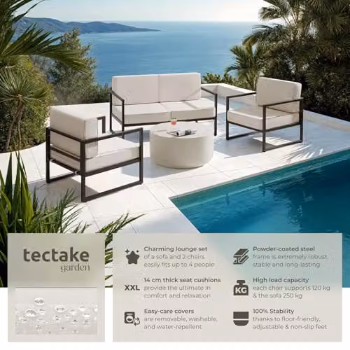 tectake Minimalist Garden Furniture Set in White with 2-Seater Sofa, 2 Lounge Armchairs and Upholstered Cushions with Powder Coated Steel Frames – 3