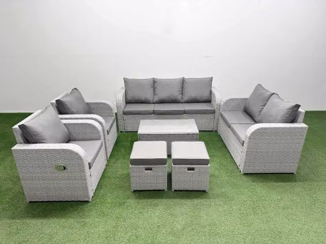 Fimous PE Rattan Garden Furniture Set in Light Grey with 2 Seater Sofa, Coffee Table and 2 Stools