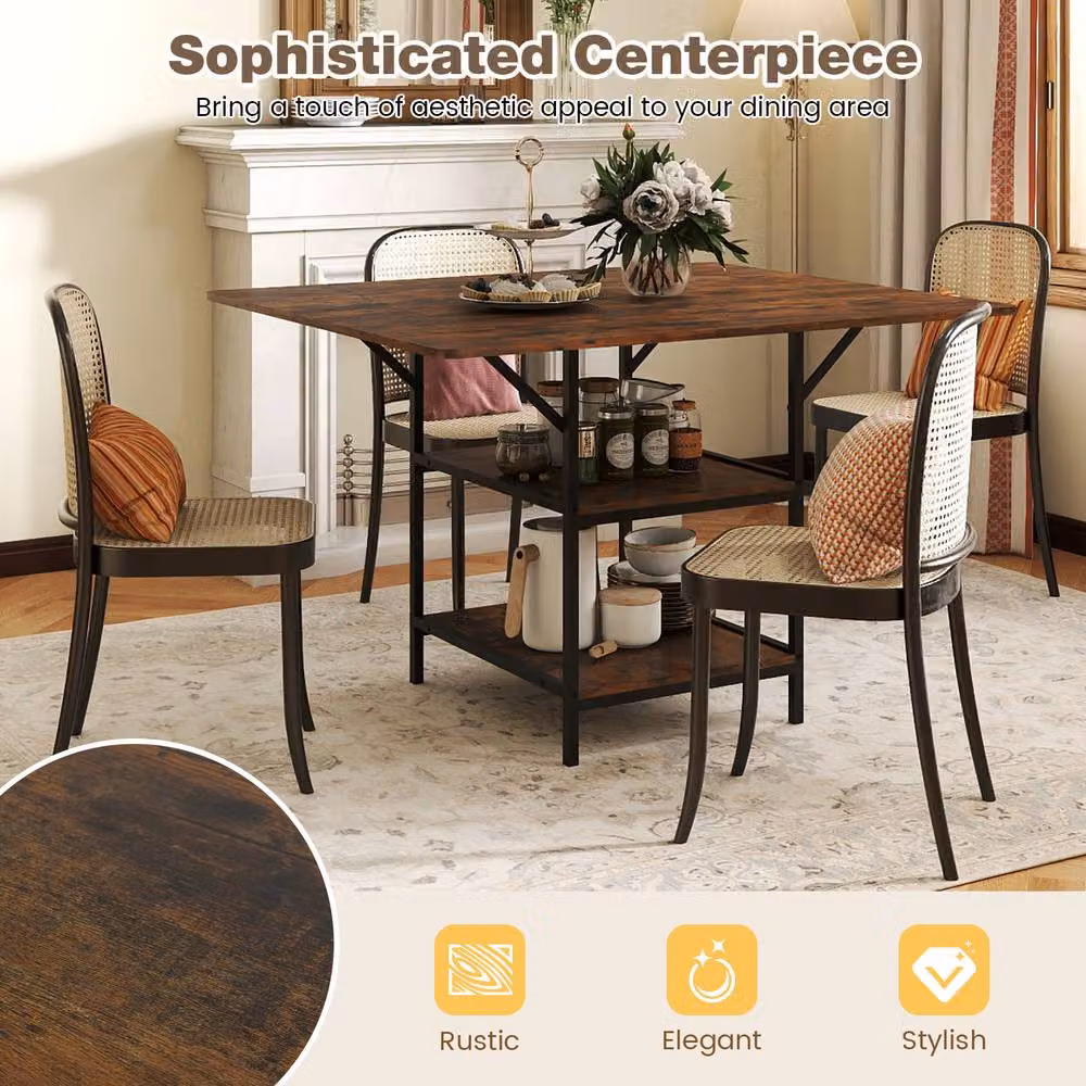 Costway Rectangular Dining Table with Storage Shelves in Brown – 4