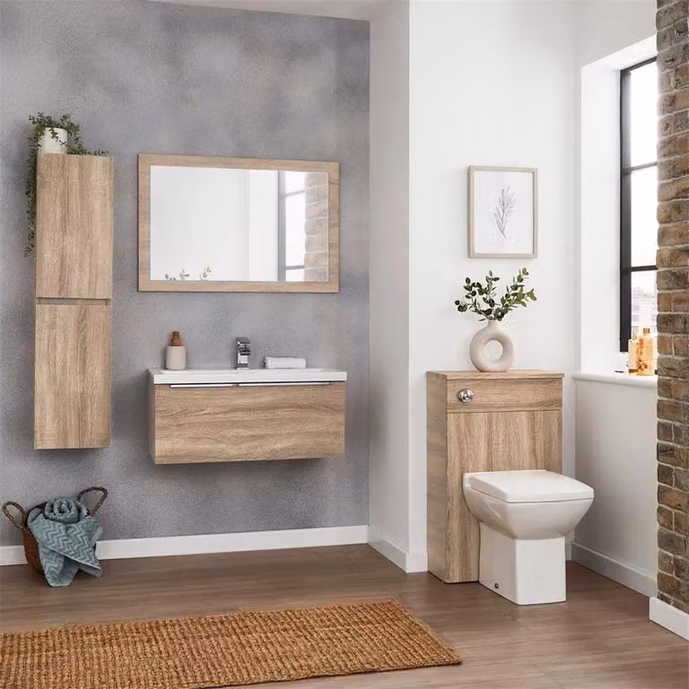 Clifton Sonoma Oak Wall Hung Drawer Unit and Twin Ceramic Basin in Light Oak, W: 120 cm, D: 35.5 cm, H: 37.5 cm