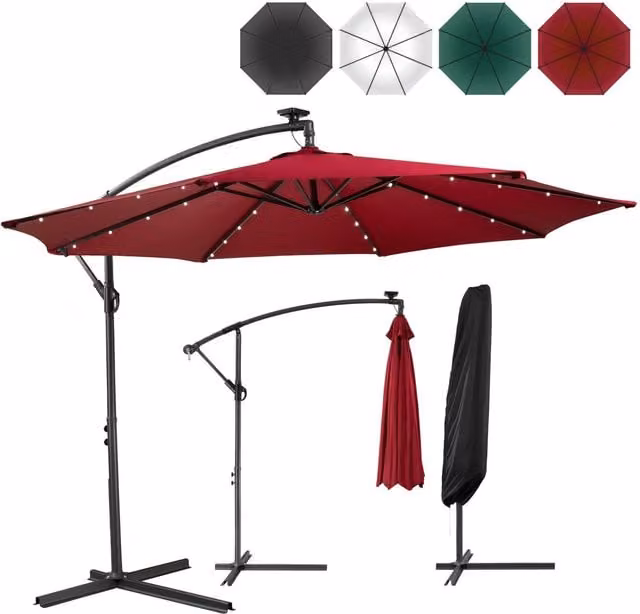Arebos Red Cantilever Parasol with LED Lights and Polyester Canopy
