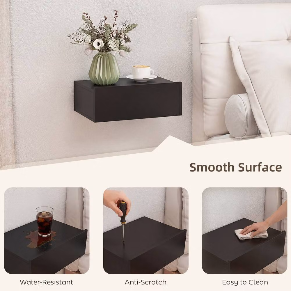 STILVORA Set of 2 Wall Mounted Black Bedside Tables with Drawer – 4