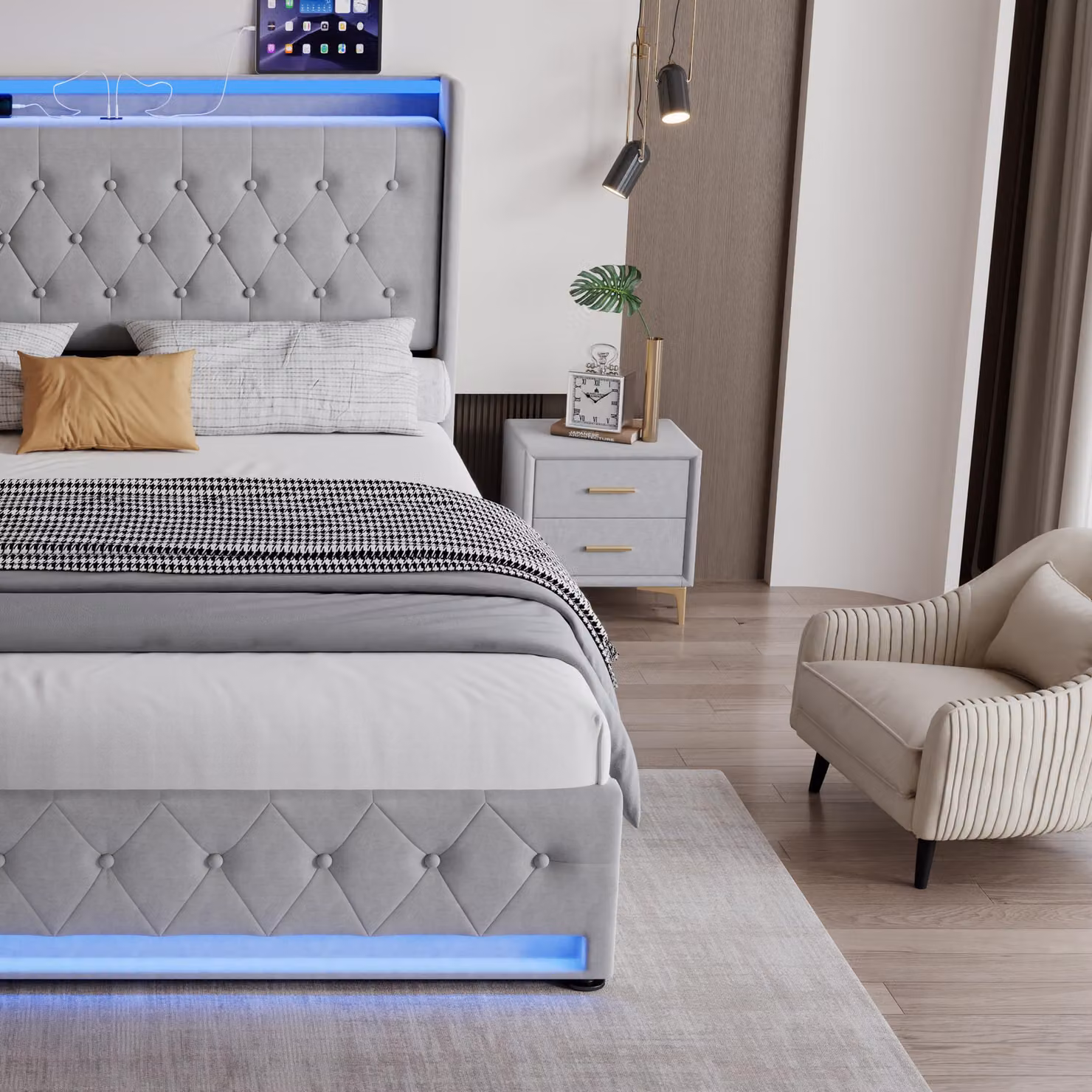 Aosom.UK Grey Velvet Upholstered Double Bed with 4 Storage Drawers and LED Light Strips, W/D/H: 143 x 206 x 115 cm – 5