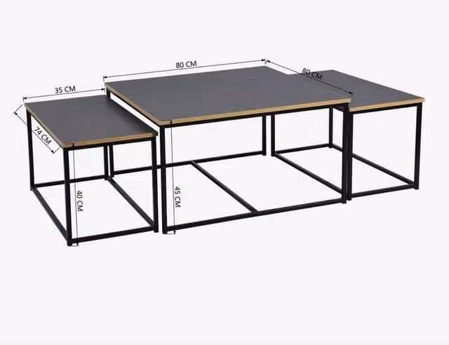 VOGREX 3-Piece Nesting Coffee Table Set with Black Metal Frame and Wood Tops in Industrial Style