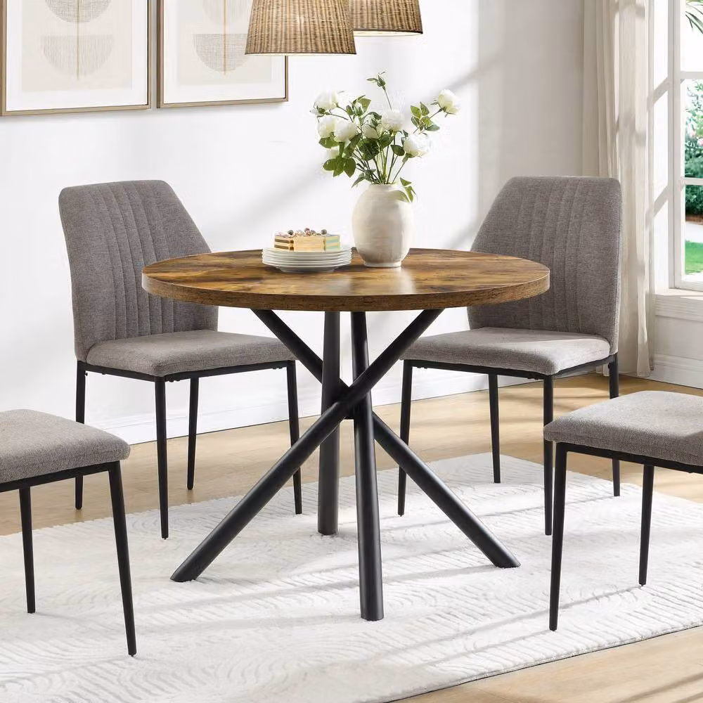 Mona Vale Furniture Round Dining Table with Brown MDF Laminate Top and Black Metal X-Frame Base – 2
