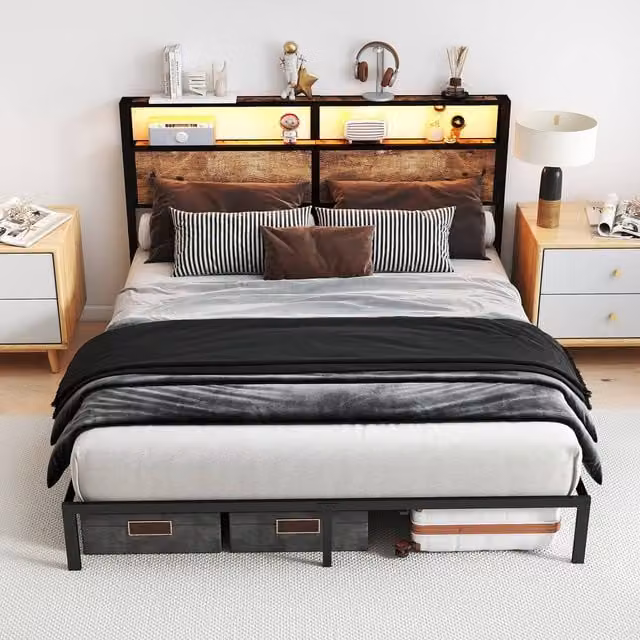 Rolipo Double Metal Bed Frame in Black with Smart LED Under-Bed Lighting and Storage Headboard W/D/H: 140 x 200 cm