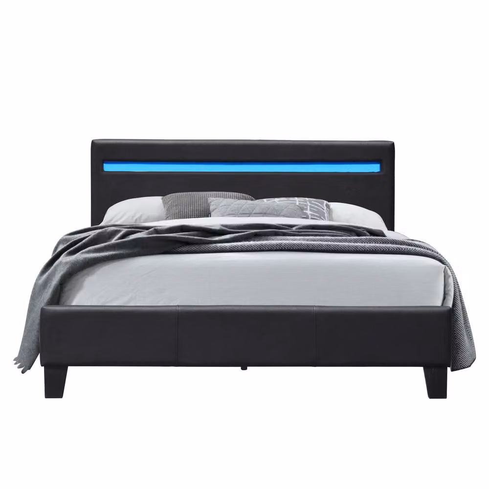Comfy Living Ltd Modern Upholstered Faux Leather Bedframe with LED Under-Bed Lighting in Black, Small Double (W/D/H: 120 x 200 cm) – 2