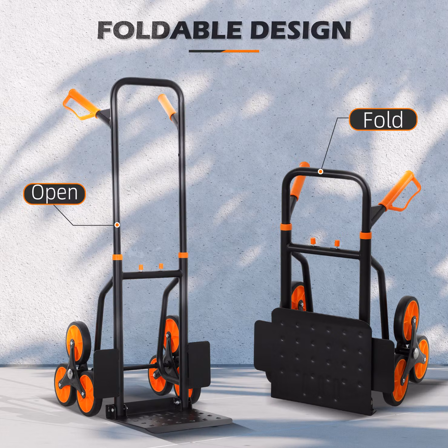 Durhand Steel Foldable 6-Wheel Climbing Stairs Trolley Hand Truck, Orange, 120kg Load Capacity – 4
