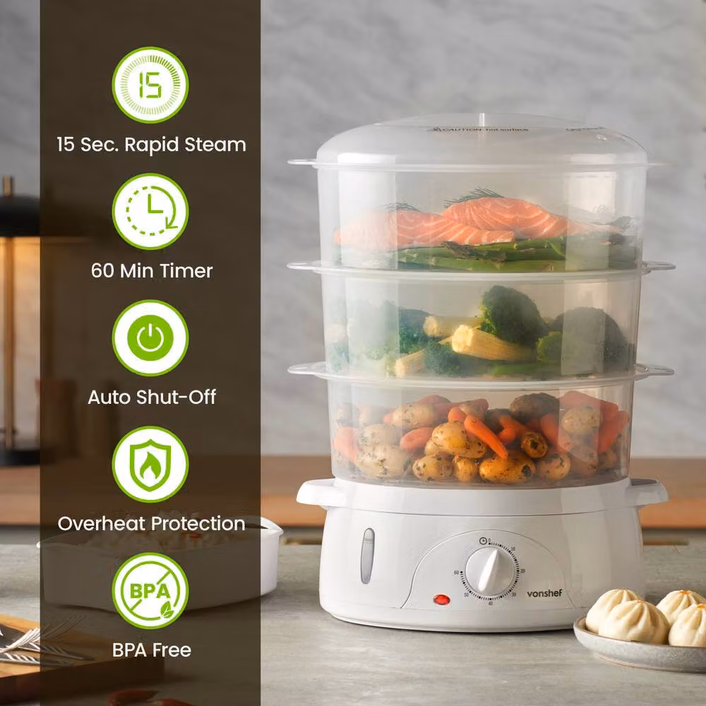 VonShef 9L Large Capacity Electric Food Steamer in White – 3