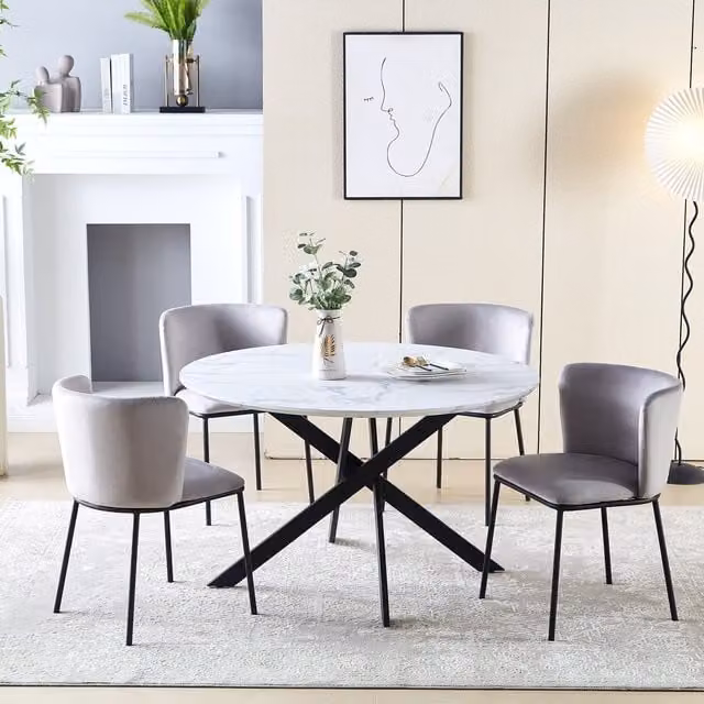 HomeTouch Modern Round White Marble Effect Dining Table with Black Metal X-Frame Legs – 1