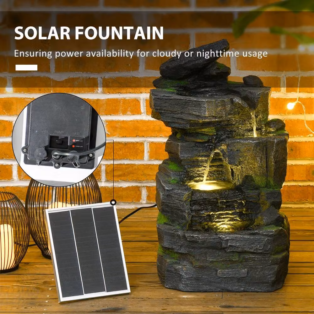 OUTSUNNY Solar Stone Cascade Garden Fountain with LED Light, Grey, W/D/H: 57 x 34 x 28 cm – 4