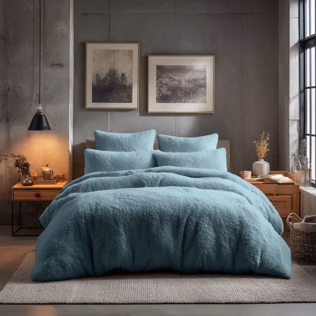 Home Sweet Home UK Teddy Bear Fleece Duvet Cover and Pillowcase Set in Blue, Double Size (W/D/H: 200 x 200 cm) with 50 x 75 cm Pillowcases