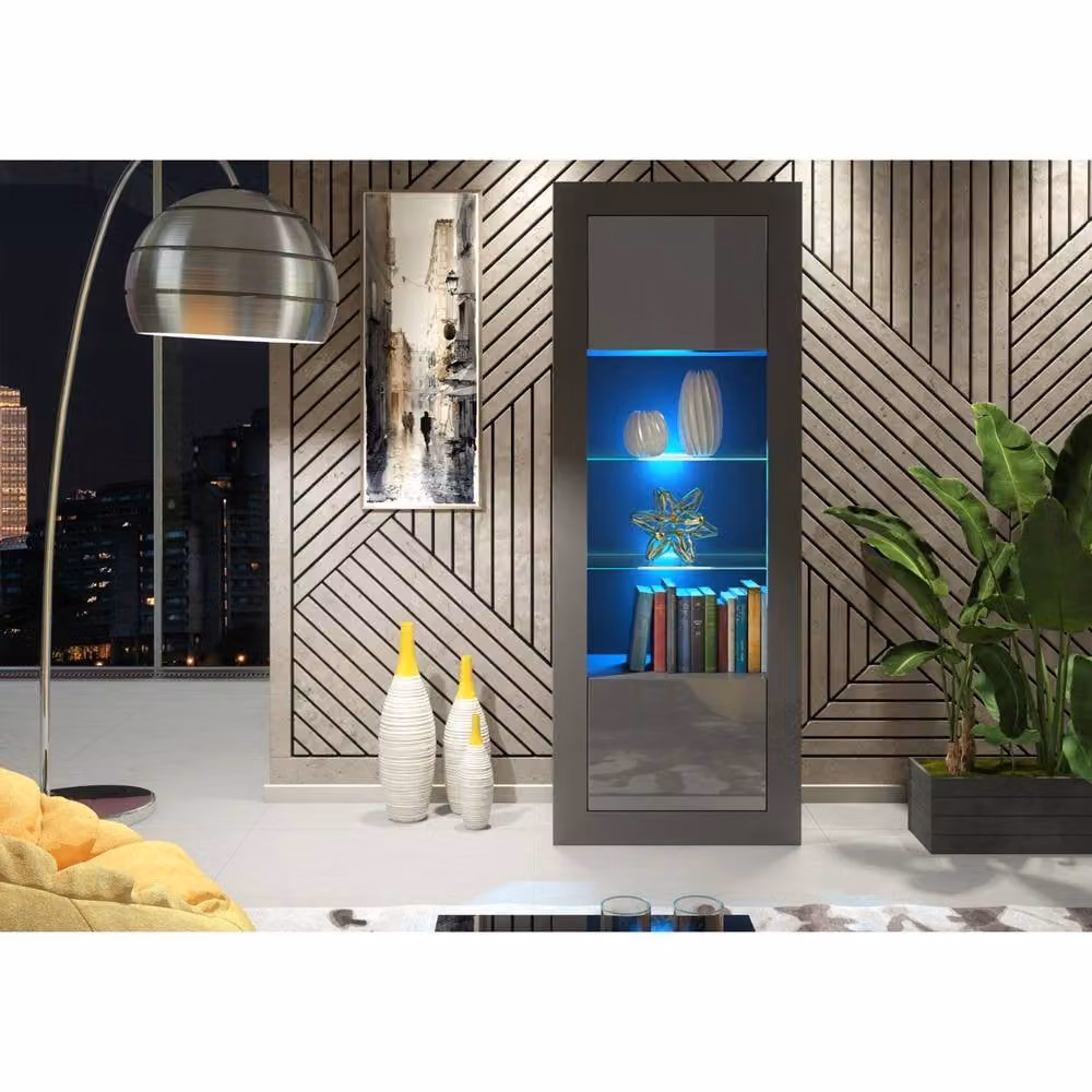 Creative Furniture Illume Modern Display Cabinet in Grey with Glossy Glass Doors and Integrated LED Lighting, H 170 x W 63 x D 35 cm – 2