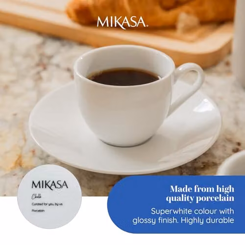 Mikasa Chalk Set of 2 White Porcelain Espresso Cups and Saucers, 90ml – 4