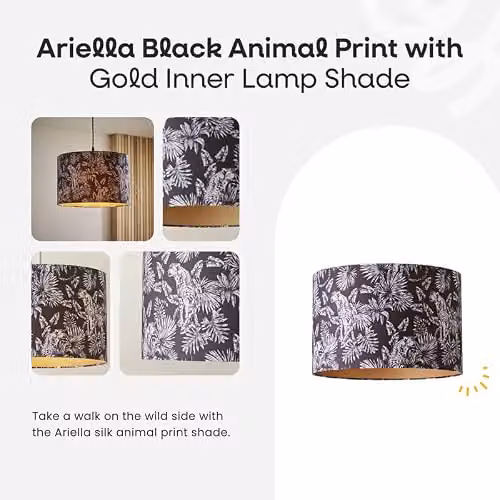 ValueLights Ariella Black Animal Print Cylinder Lamp Shade with Gold Inner Fabric – 2