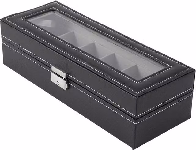KORVIXA 6 Grid Jewelry Box Organizer with Clear Window and Lid, Black