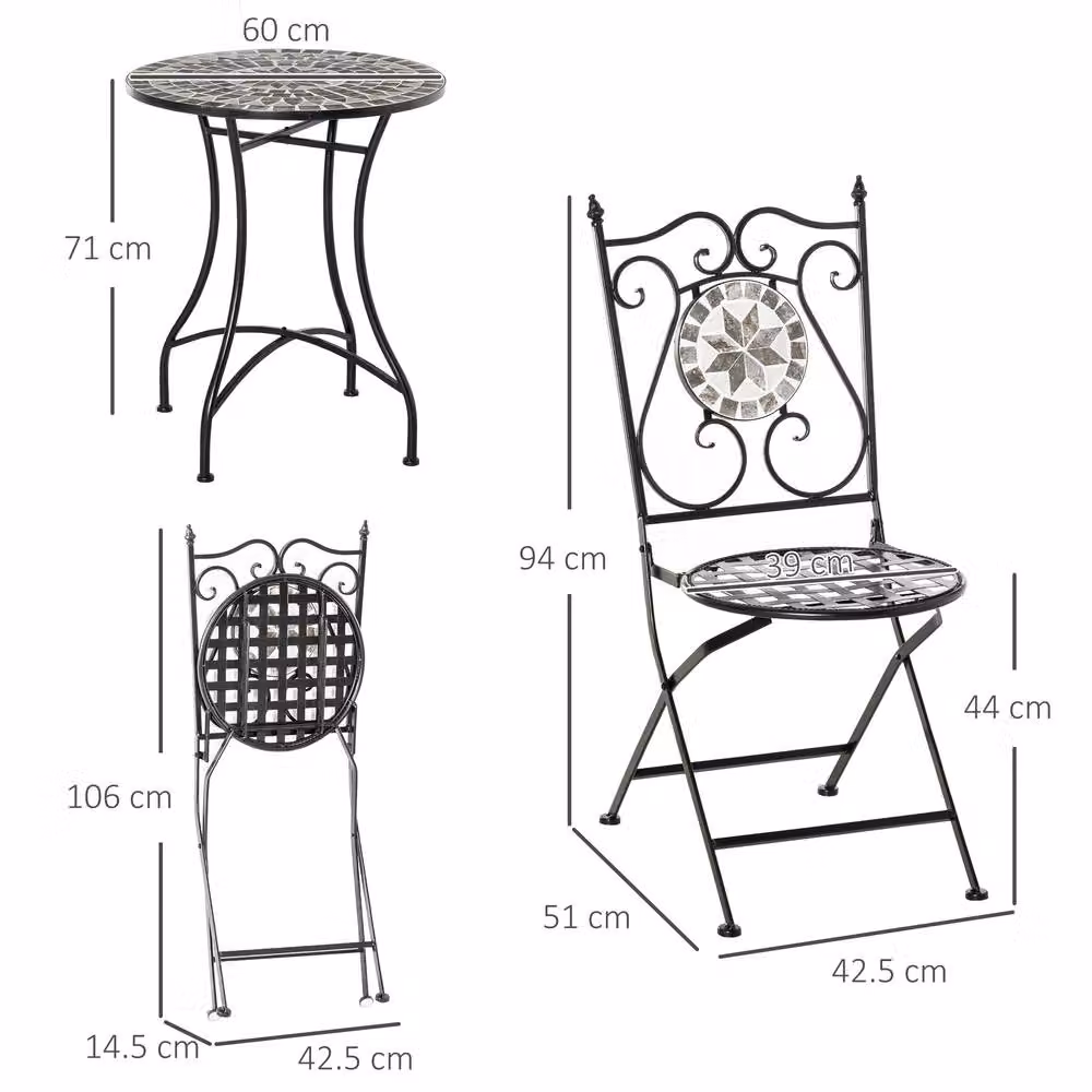 OUTSUNNY 3 Piece Mosaic Tile Garden Bistro Set with Table and 2 Folding Chairs in Grey and Black – 2