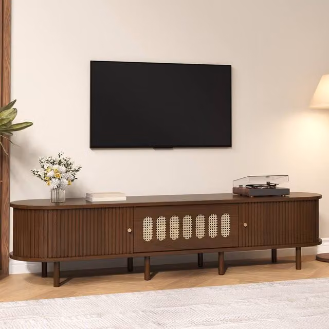 BTM Oval TV Stand in Dark Walnut with Rattan Drop Down Door Storage Cabinet, W/D/H: 180 x 40 x 40 cm