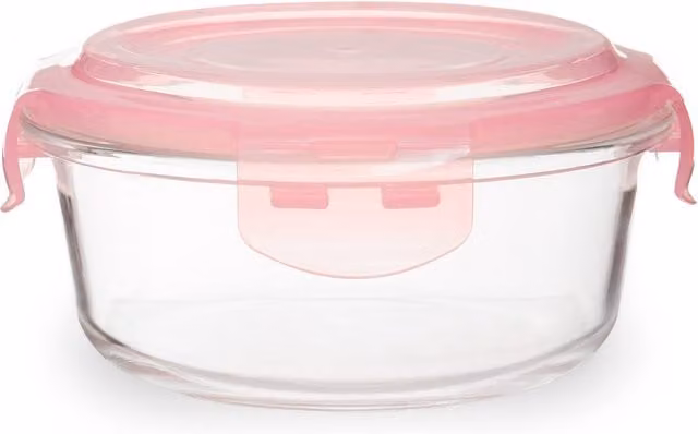 Orsina Pink Transparent Round Glass Food Container, 620ml, Leakproof and BPA Free