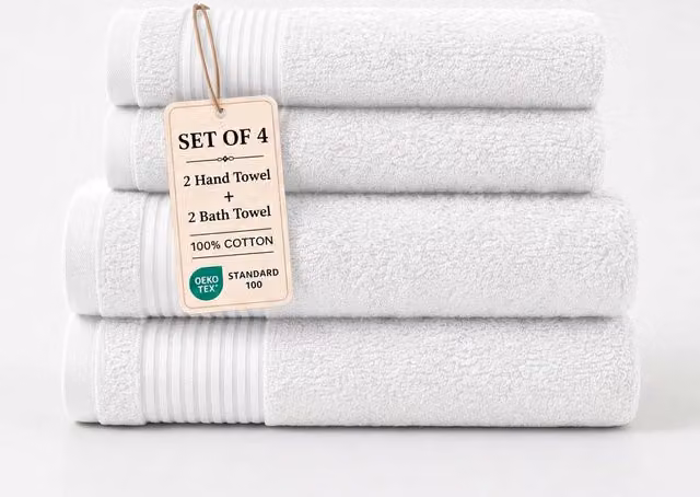 Grace Premium White Cotton Bath and Hand Towel Set of 4, 500 GSM