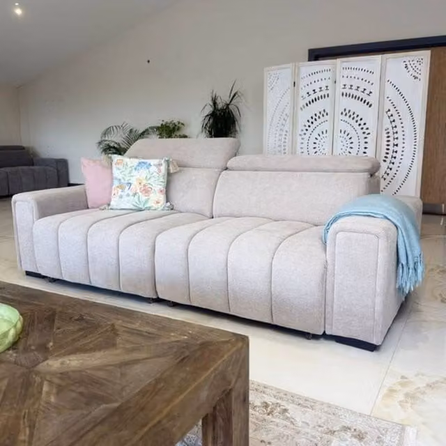 Stratus Interiors Molly Electric 3 Seater Fabric Sofa Bed in Beige with Adjustable Seat Depth and Headrest