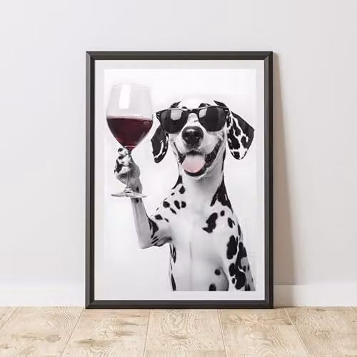 60 Second Makeover Funny Dalmatian Drinking Wine Paper Poster, Black and White, A3