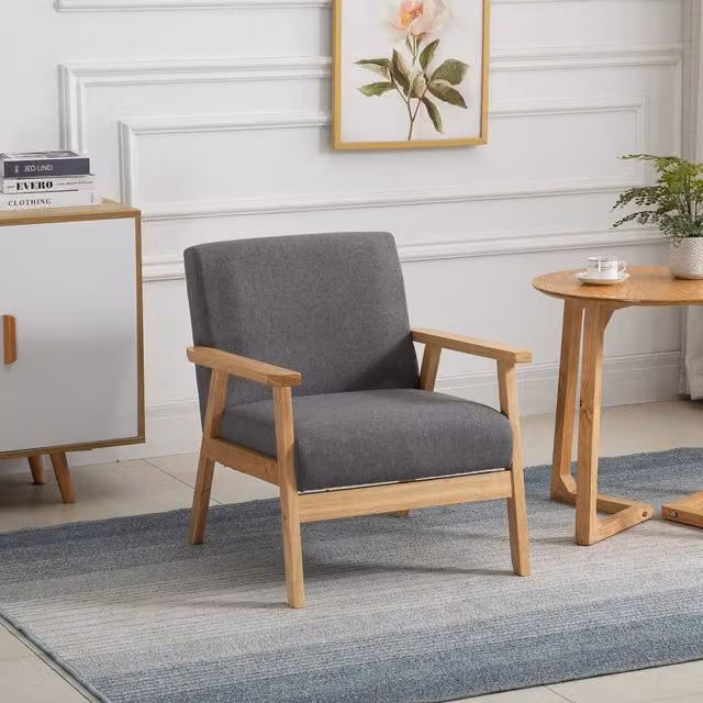 HOMCOM Grey Fabric Accent Chair with Solid Pine Wood Frame