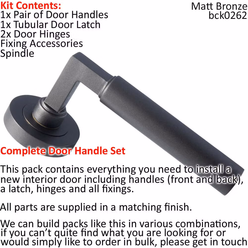 Loops Matt Bronze Straight Round Bar Door Handle and Latch Pack with Screwless Round Rose – 2