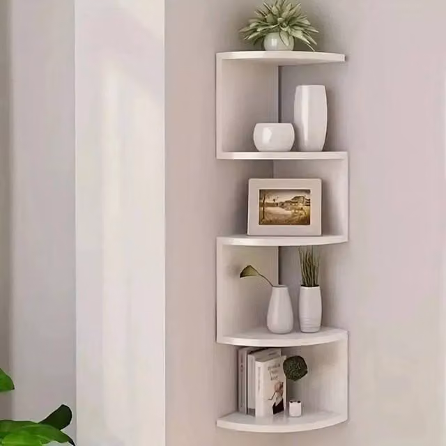 FORGEVIO 5 Tier White Wooden Floating Corner Wall Mounted Storage Display Shelves