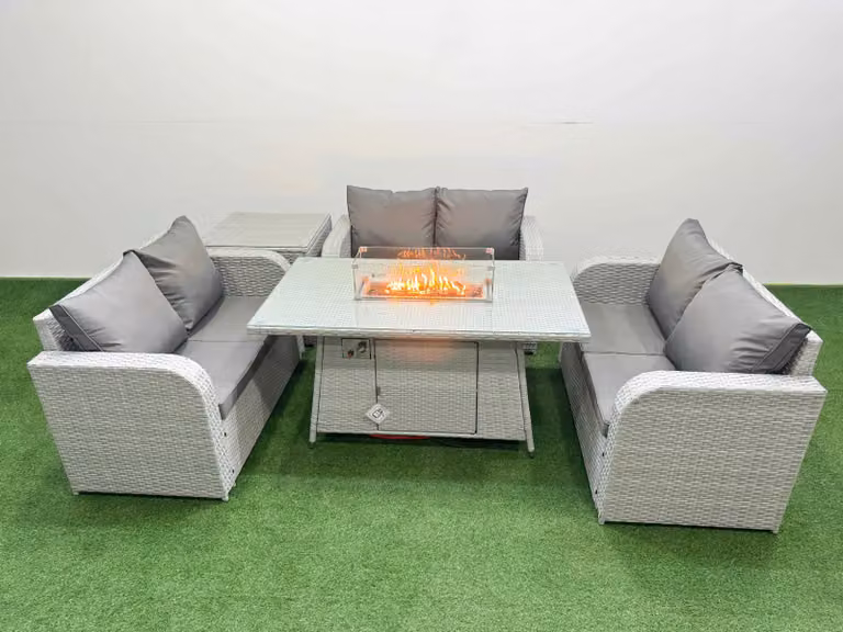 Fimous 6 Seater PE Wicker Rattan Garden Furniture Set with Firepit Dining Table, 2 Seater Love Sofa and Side Table in Light Grey