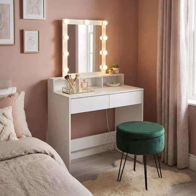 Harbour Housewares Hollywood LED Wooden Dressing Table Set with Green Stool