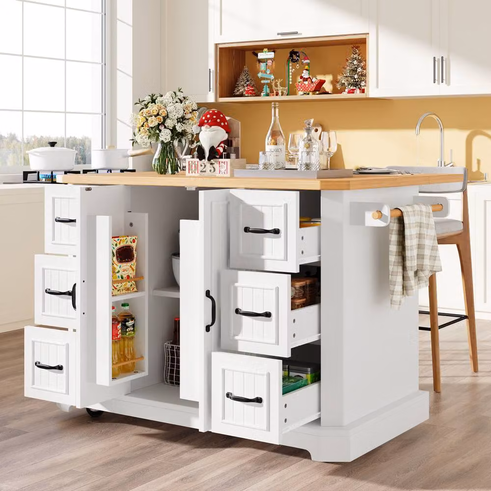 Merax Mobile Kitchen Island Cart with Built-in Spice Rack and Adjustable Shelves, White, W/D/H: 120 x 45 x 91 cm – 3