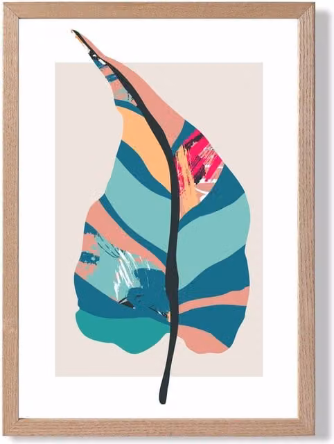 ARTZE Tropical Plant Boho Botanical Framed Print in Blue and Pink with Oak Frame, A3