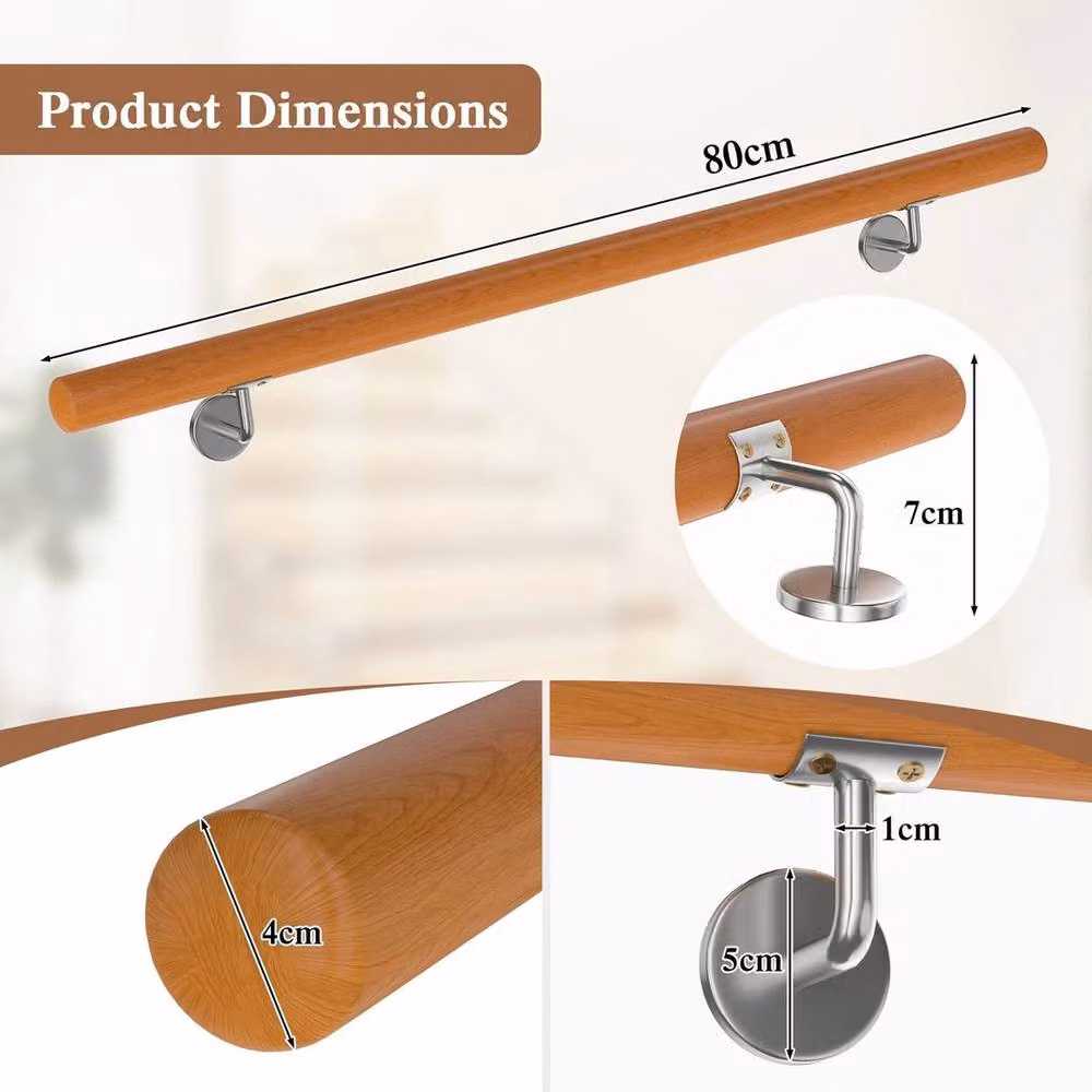 Kelvenix 80 cm Stairway Safety Railing with Round Corners in Brown Beech Wood and Stainless Steel, W: 100 cm, D: 52 cm – 2