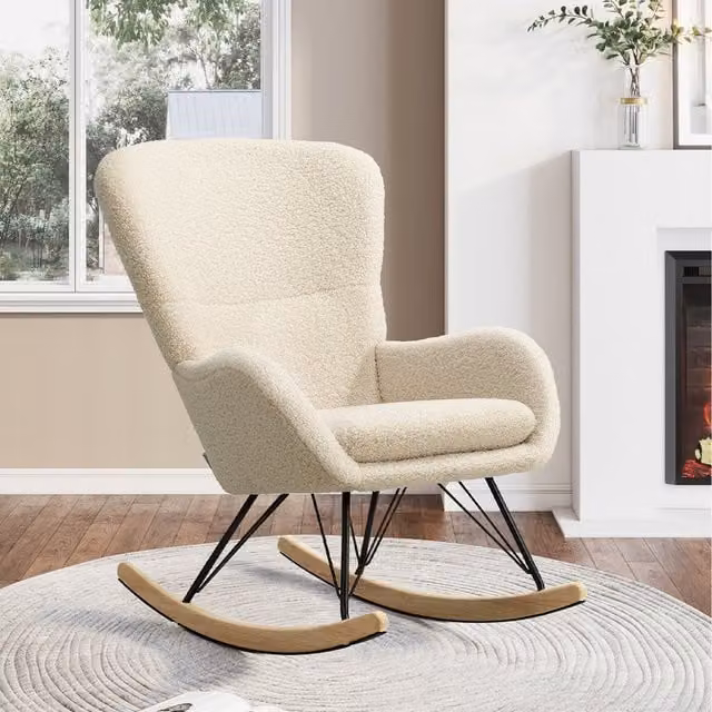 Komore Off White Bouclé Faux Wool Rocking Armchair with Solid Wood Frame