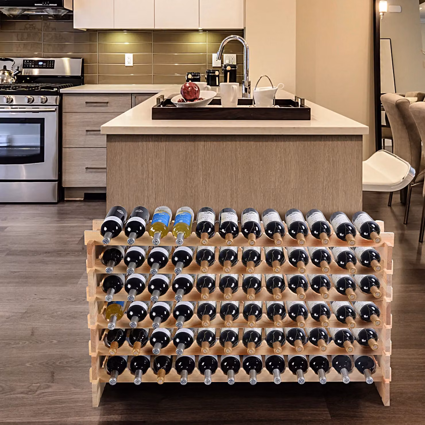 Costway Freestanding Pine Wood Wine Rack with 72 Bottle Storage Capacity in Natural – 3