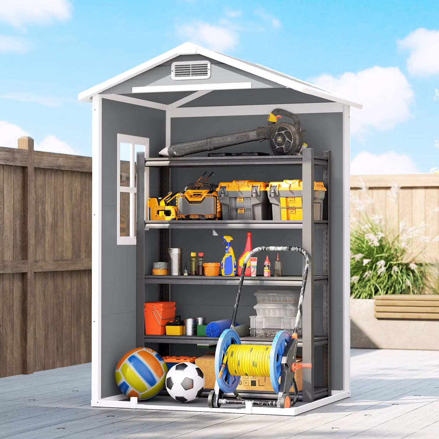 Outsunny Plastic Garden Storage Shed with Floor, Window and Vent, Light Grey, W/D/H: 121.92 x 94.0 x 196.0 cm – 6