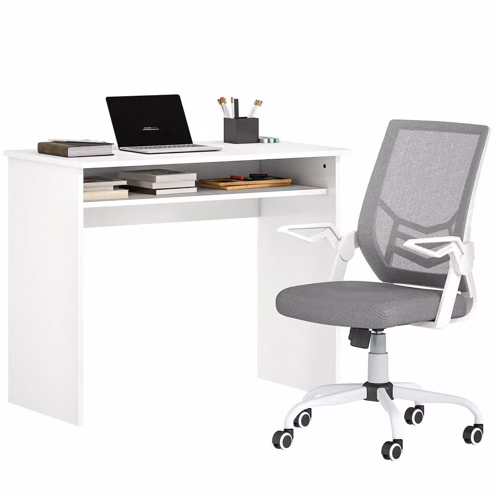 HOMCOM Modern Home Office Furniture Set with Desk and Chair in White and Grey – 2