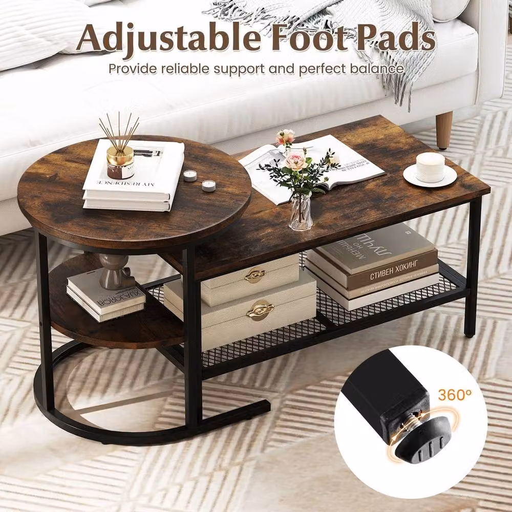VOGREX Industrial Brown Round Side Table and Rectangular Coffee Table Set with Nested Tops and Metal Legs – 4