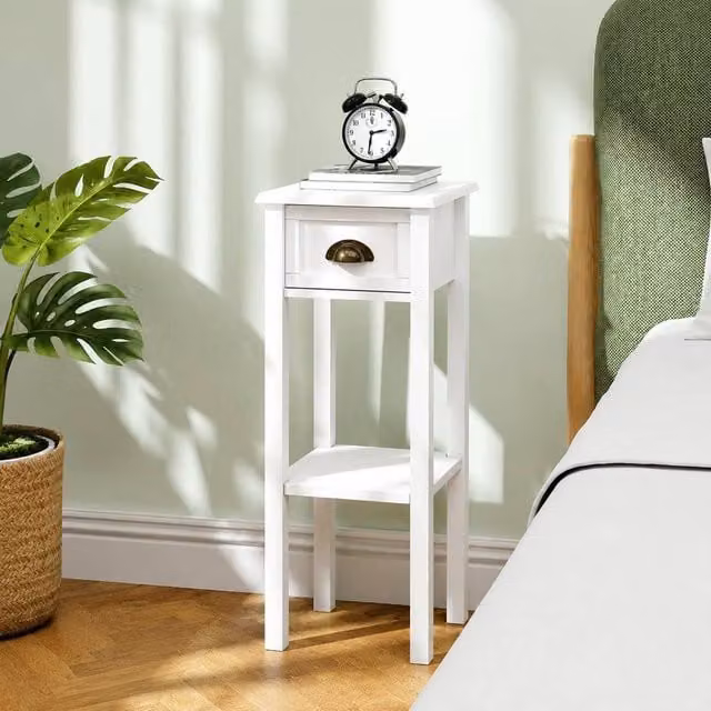 STILVORA Set of 2 Modern White Wood Side Tables with Drawer and Shelf – 1